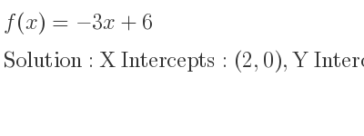 The f(x)=-3x+6 is X Intercepts: (2,0),Y Intercepts: (0,6)
